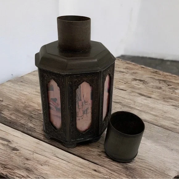 Early 1900's Chinese Shantou Pewter Tea Caddy With Reverse Painted Glass Panels - Picture 4 of 10